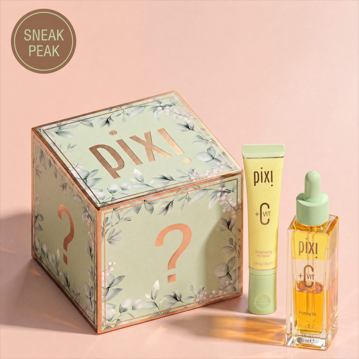 Pixi Mystery Box featuring +C Vit Brightening Perfector and +C Vit Priming Oil with 'sneak peak' badge shown on a pale orange background