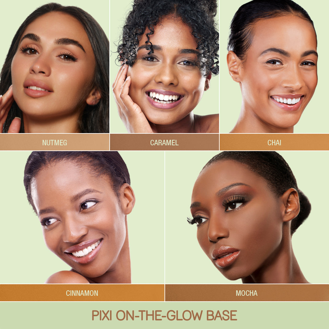 On-The-Glow Base Shades Nutmeg, Caramel, Chai, Cinnamon and Mocha.