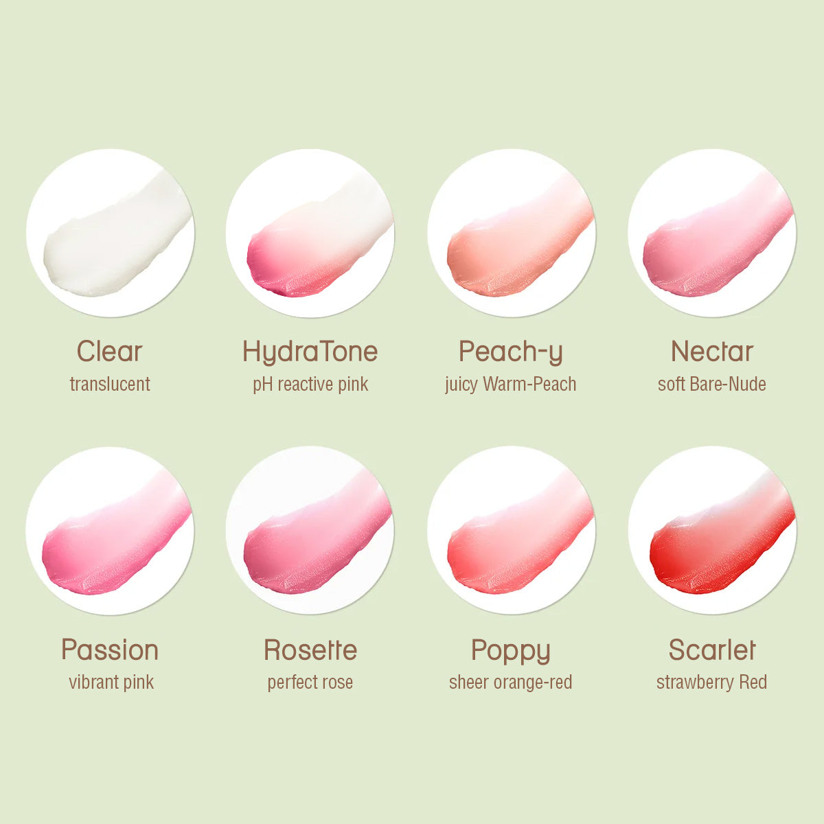 Shade chart of 8 shades for Hydra LipTreat Petite