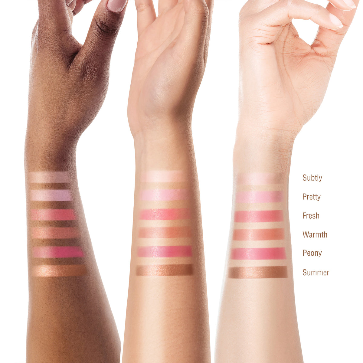 Three arms with different skin tones displaying makeup swatches on a white background. Shades featured Subtly, Pretty, Fresh, Warmth, Peony, Summer