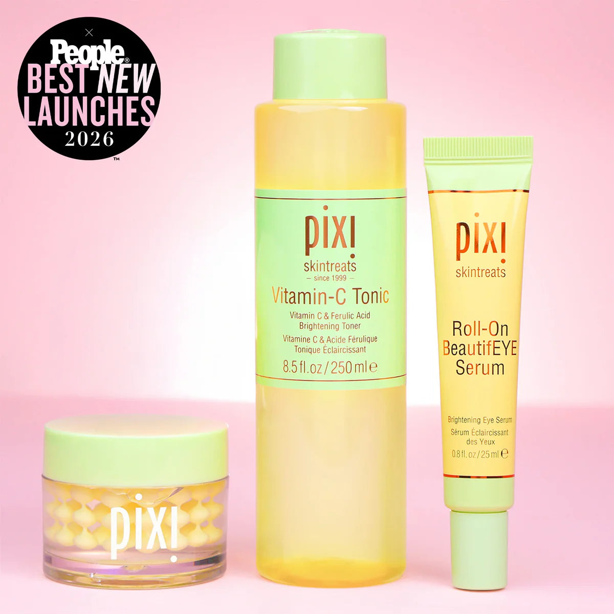 Vitamin-C Trio bundle on a pink background including Vitamin-C CremeSerum, Tonic and Roll-On BeautifEYE Serum. Badge for People's Best New Launches 2026