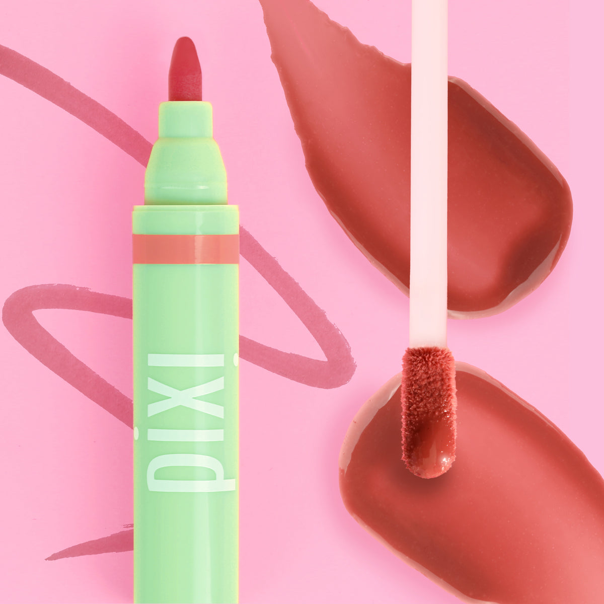 Pixi Signature Duo featuring LipBlush and LipLift Max on a pink background -