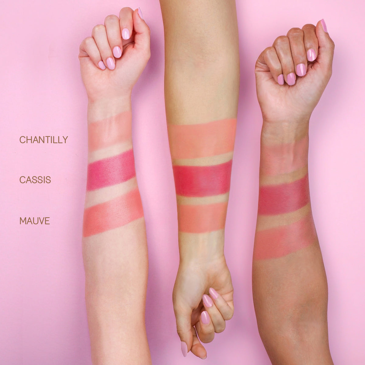 On-the-Glow BLUSH new swatch shades in Chantilly, Casis and Mauve, shown on arms
