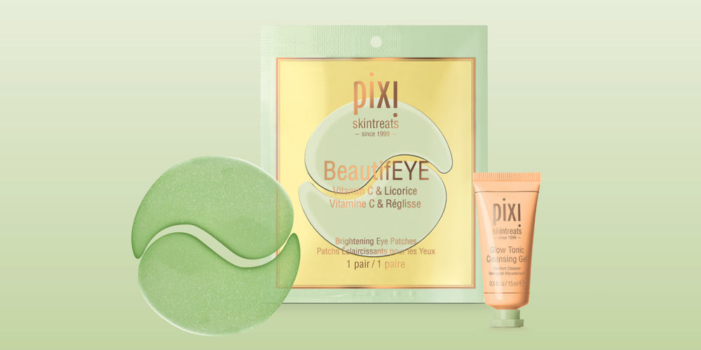 1 Pair of BeautifEYE Patches and Mini Glow Tonic Cleansing Gel shown on a gradient green background