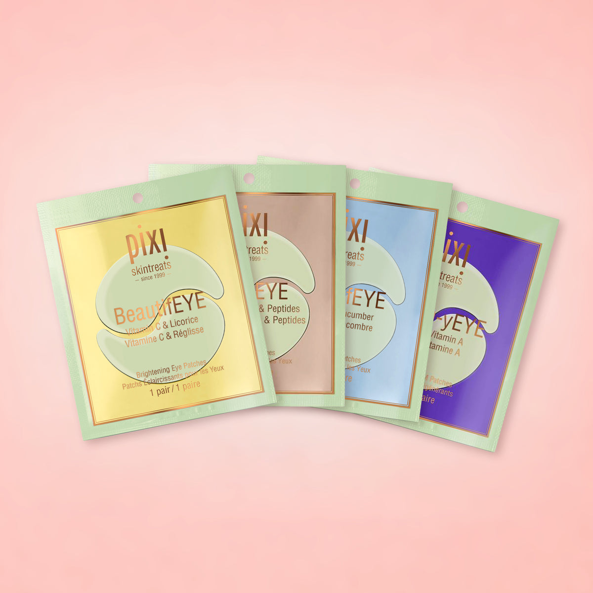 Pixi Eye Patch Library featuring BeautifEYE, FortifEYE, DetoxifEYE and Dream-yEYE single use patches