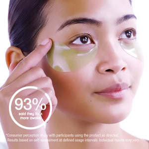 Woman applying eye patches with a 93% effectiveness rating shown.