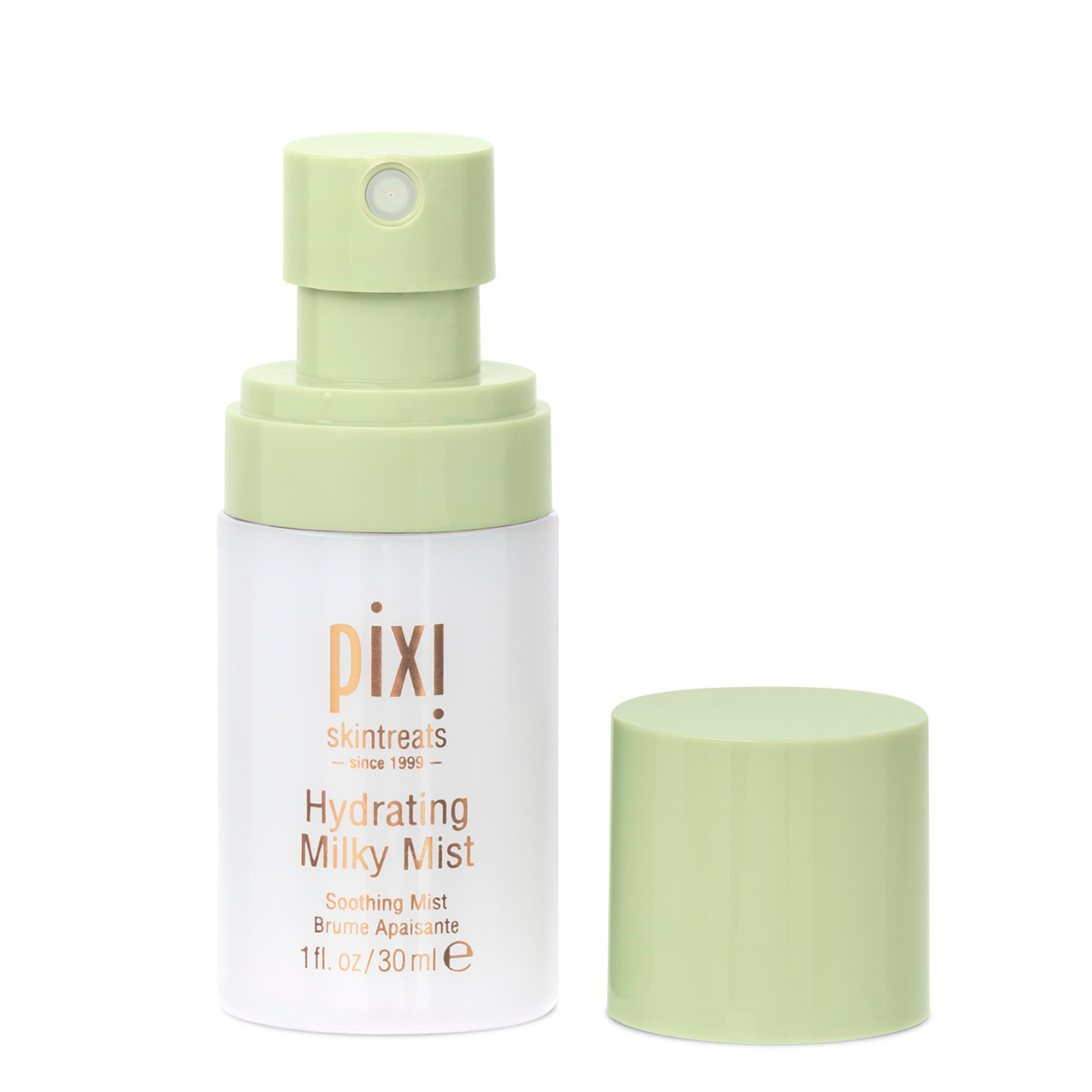 Pixi Skintreats Hydrating Milky Mist in a 1 fl. oz. green cap off showing spray applicator.
