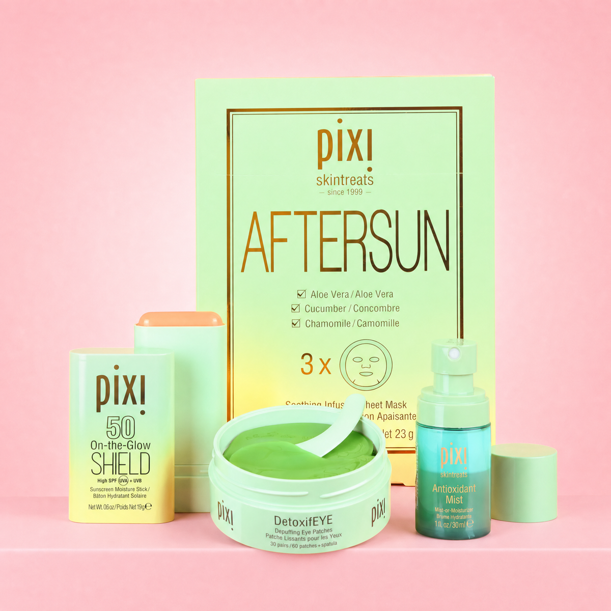 Bundle shown on a pink background featuring On-the-Glow SHIELD SPF 50, Aftersun Sheet Masks, DeotxifEYE Patches, and Petitie Antioxidant Mist